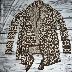 Red Camel Brown Aztec Print‎ Open Front Cardigan Sweater Geometric Pattern M